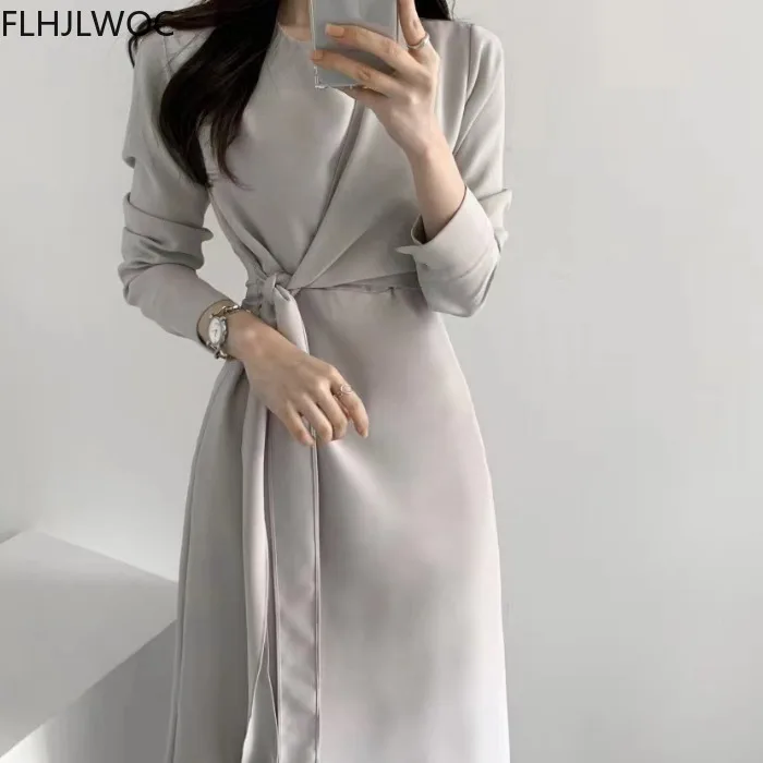 Chic Corea Fenimine Vestidos De Las Mujeres De La Moda De Encaje-Hasta El Moño Elegante Señora De La Oficina Largo Vestido Vintage 4