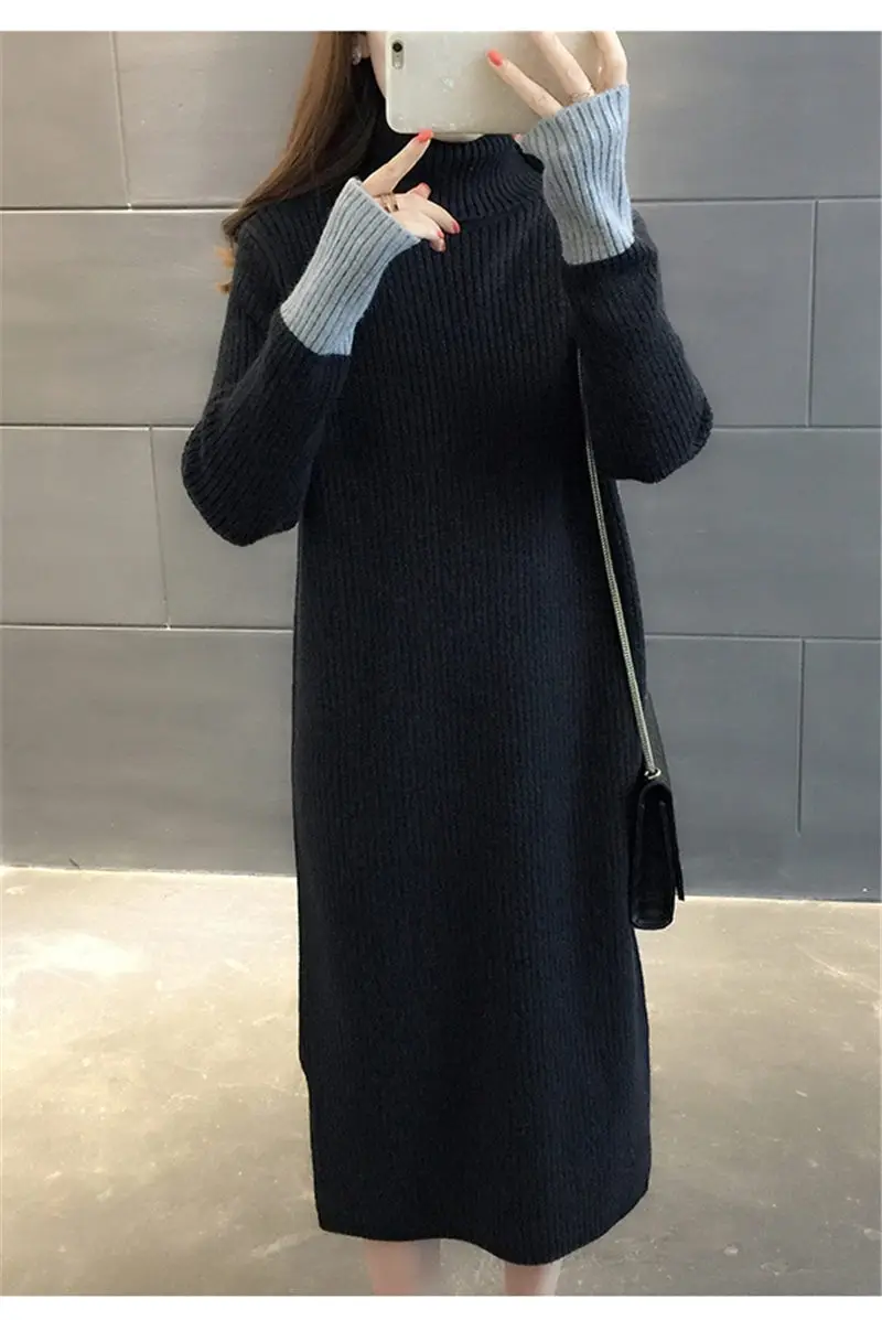Larga Casual de Cuello alto Suéter Vestido de las Mujeres 2019 Invierno y el Otoño Nuevo coreano Flojo Sólido Empalmado de manga Larga Vestido de punto f2301 4