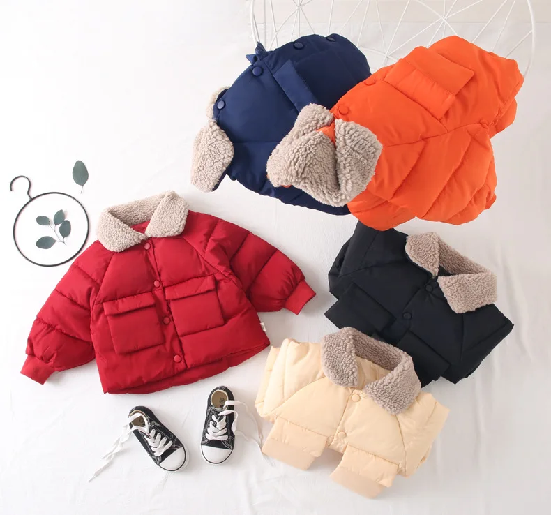 Nueva versión coreana de invierno ropa de los niños de los niños del algodón de la solapa de engrosamiento de algodón de las niñas de color sólido bebé jacke 4