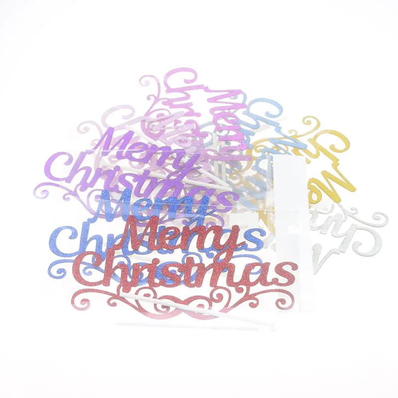 50 piezas/lote Merry Christmas Cake Toppers Banderas Niños Feliz Cumpleaños Brillo de la Magdalena de la Chistera de la Boda de la Ducha del Bebé Partido de BRICOLAJE de Hornear 4