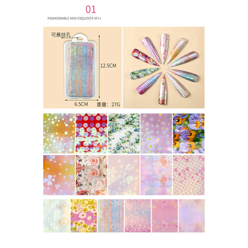 16 Pcs 4x30 Cm de Henna Color Estrella Set de pegatinas de Arte Floral Láser de Uñas de Película de Transferencia de Papel DIY Arte del Clavo de la Decoración de Diseño de Accesorios 4