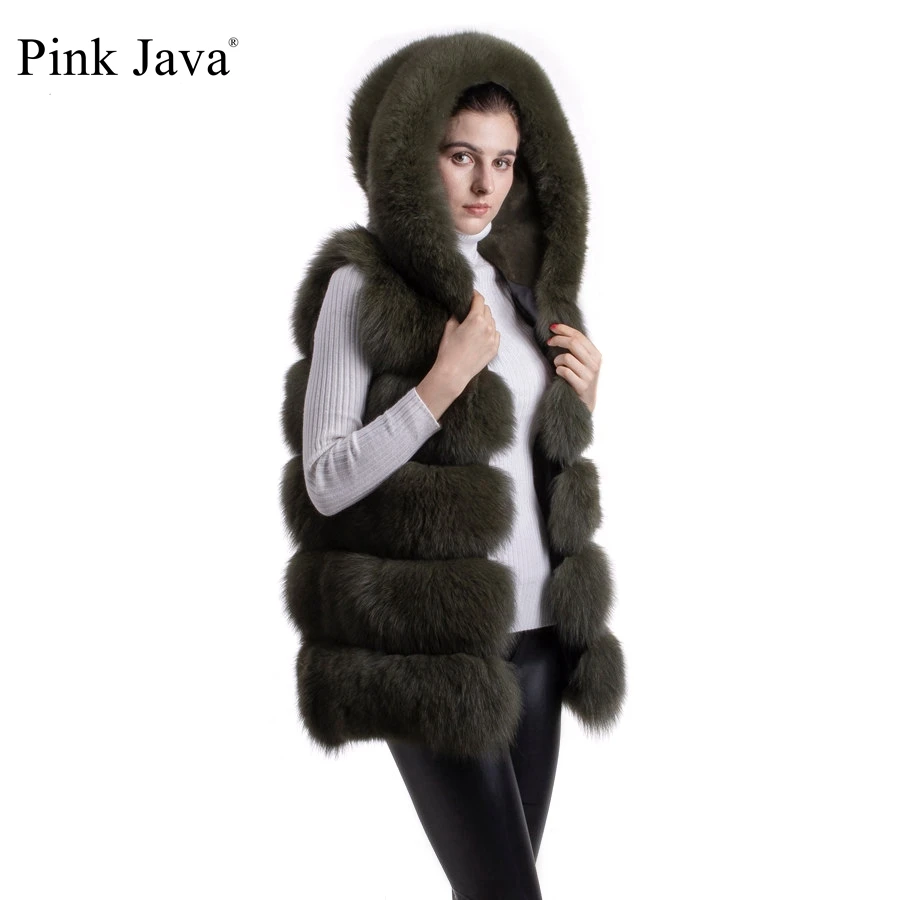 Rosa java QC8062 mujeres abrigos de invierno caliente de la venta real de piel de zorro de la capa natural de piel de zorro chaleco con capucha chaleco chaleco chaqueta de piel de lujo 4