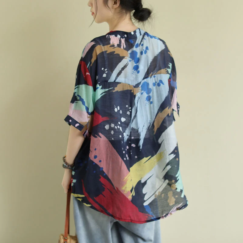 2020 de Artes de Verano de Estilo de las Mujeres de Manga Corta Floja V-cuello de Camisas de la Impresión del Vintage de Algodón Casual Blusas Plus Tamaño de la Femme Blusas M87 4