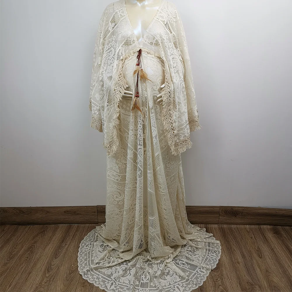 Bohemio Largo Mangas de Campana Vestido de Maternidad Embarazada Vestido de Encaje de la Túnica Kaftan de alta Costura para la Mujer de la Fotografía de la Proposición de la Ducha del Bebé Vestido de 4