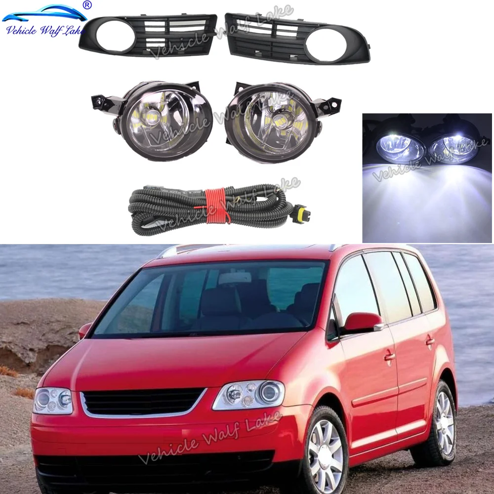 Para VW Touran 2002 2003 2004 2005 2006 Auto-estilo Parachoques Delantero LED de luz Antiniebla Luz + Arnés de cables de la Niebla + Parrilla Cubierta 4