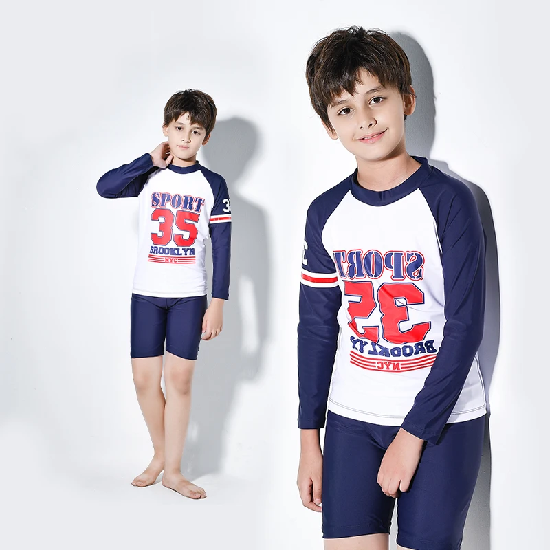 Adolescente de dos piezas traje de baño traje de baño de deporte de niños traje de camisa de manga larga y pantalones cortos azul 4