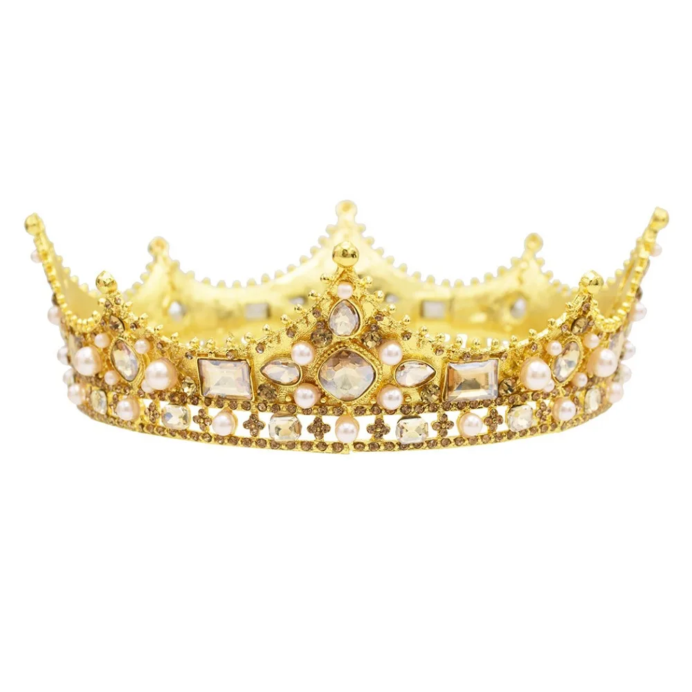 Perla barroca Rey y Reina Diadema de la Corona Tiaras Casco de Graduación de diamantes de imitación de Novia de la Boda Accesorios para el Cabello Joyería de coroa de noiva 4