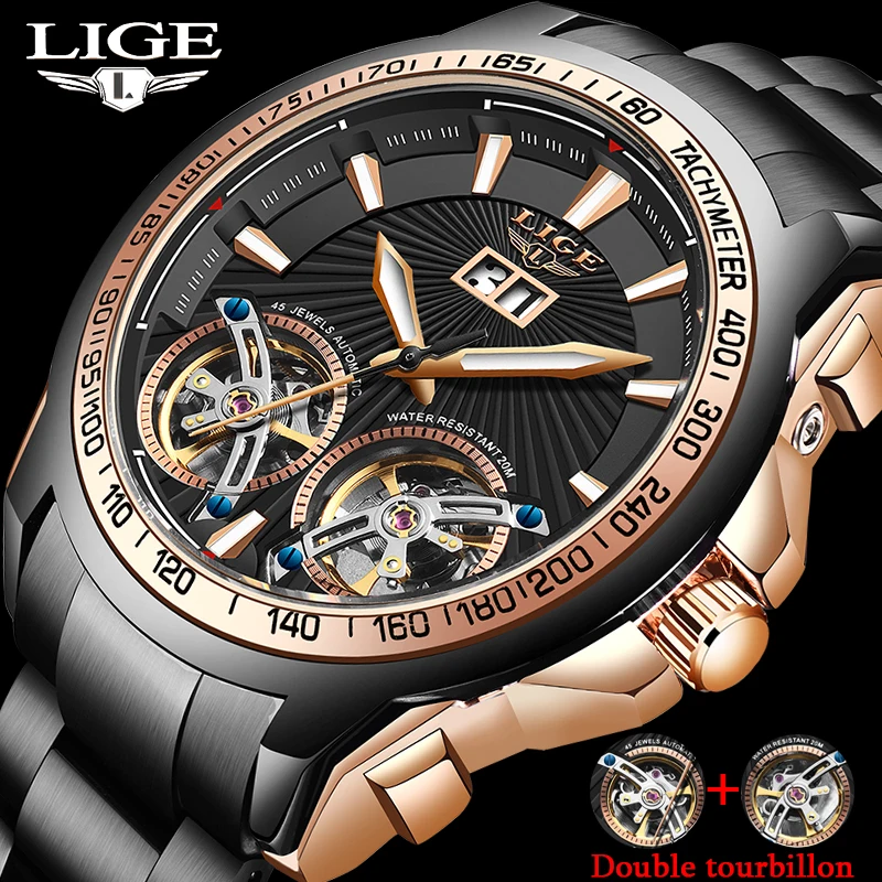 LIGE Nuevos Hombres automáticos de los relojes de la marca superior de lujo Tourbillon Esqueleto de la prenda Impermeable del Reloj de los hombres reloj mecánico Relogio Masculino+Caja 4