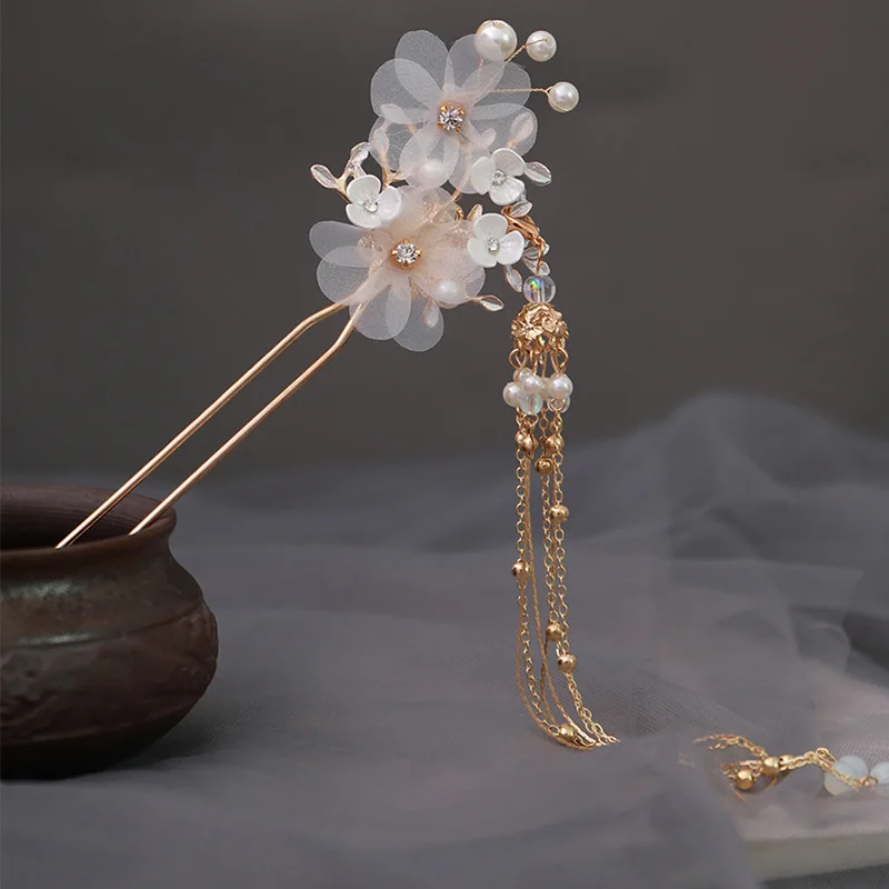 FORSEVEN Retro Tradicionales Flores de Cristal Perlas Simuladas Largo de la Borla Horquillas del Pelo Palo Clips de Novia de China de Accesorios para el Cabello 4