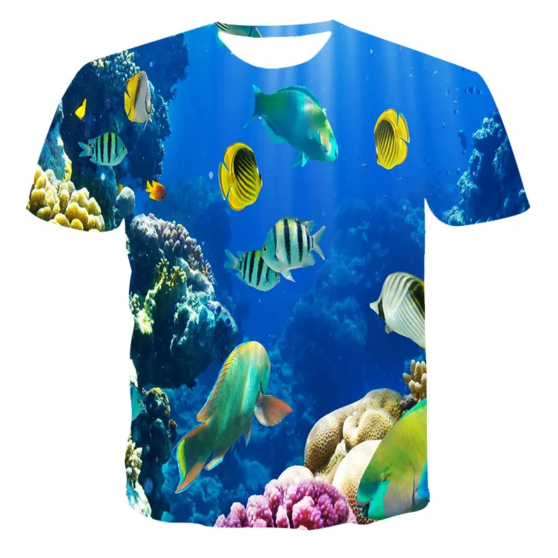 Nueva impresión en 3D de camiseta de los hombres peces del océano de leche de seda de manga corta de niño niña jersey de cuello redondo de manga corta 4