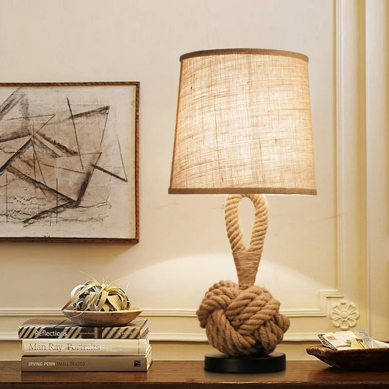 American retro personalidad creativa dormitorio lámpara de escritorio tejido de cuerda de cáñamo de la decoración de la lámpara de mesa 4