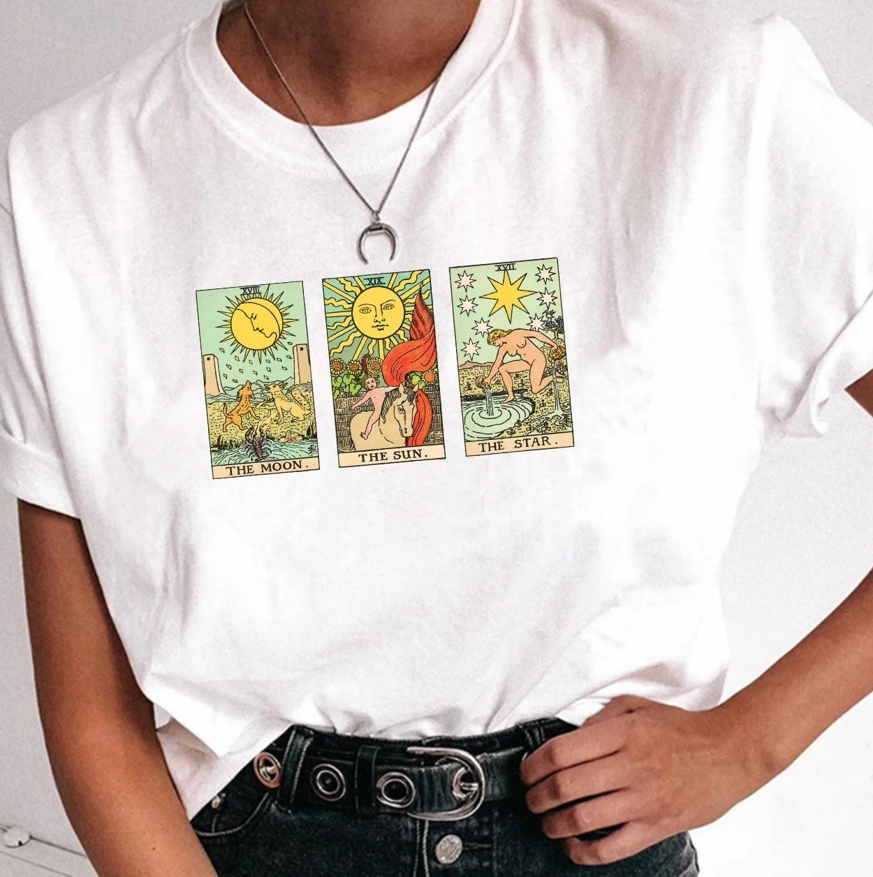 Kuakuayu HJN de Moda Vintage de Sol Luna Estrella Cartas del Tarot T-Shirt de la Mujer Linda Estética Casual Impreso Camiseta de los Hipsters de la Bruja de la Camisa 4