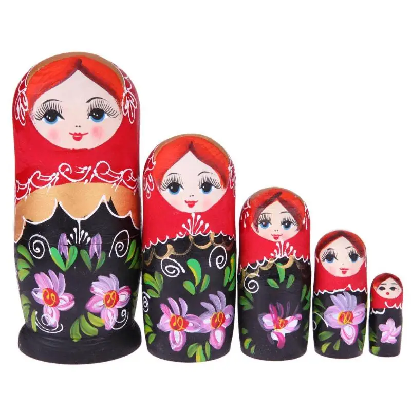 5pcs/Set Negro Rojo Chica rusa de Matryoshka Muñecas Conjunto de Juguete de Madera, Muñecas de Anidación Mejor regalo de Cumpleaños de Navidad Manualidades Juguetes de Regalo para los Niños 4