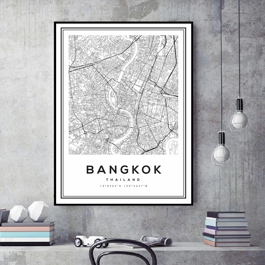 En Blanco y negro Bangkok Mapa Nórdicos Tailandia Mapa de la Ciudad de Arte de Pared con Fotografías Impresas Carteles y Grabados para la Sala de estar Decoración para el Hogar 4
