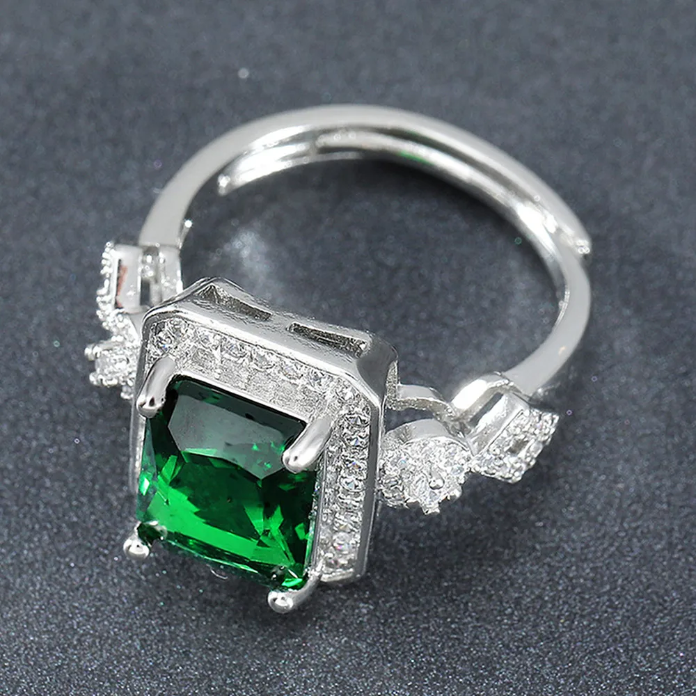 La plaza de la moda cristal verde esmeralda piedras preciosas anillos de diamantes para las mujeres de oro blanco de color plata de la joyería bague fiesta de la moda de regalo 4