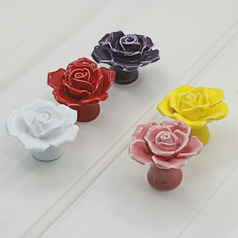 Rosa flor de cerámica de la manija de la mano moderno-una pizca de color del gabinete del cajón del gabinete manija de la puerta romántico de la manija 4