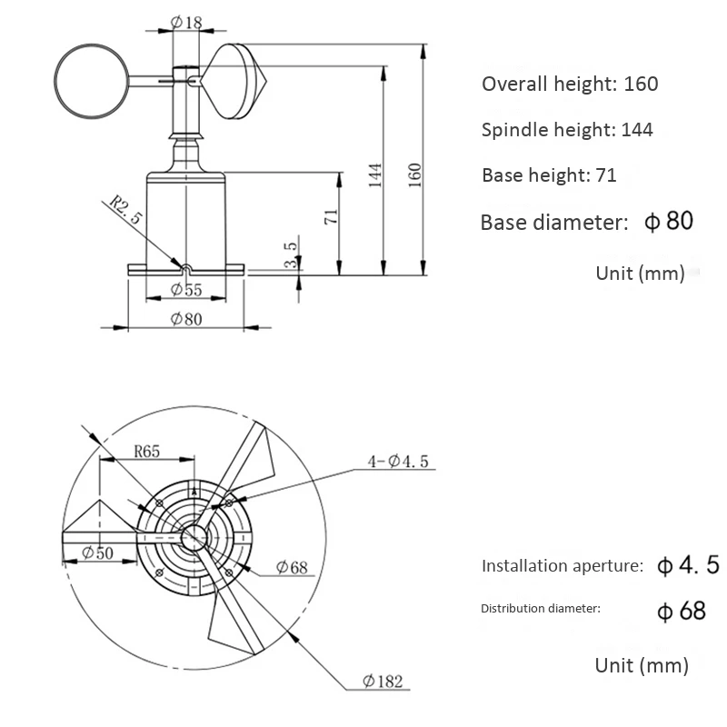 0-70M/S Velocidad del Viento Sensor de Ambiente de la Señal de Pulso de Salida Tipo de Tres Tazas de Viento Sensor de Velocidad, Anemómetro de DC5-30V 4