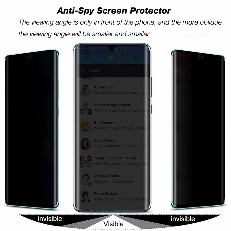Akcoo P30 Pro de Privacidad Protector de pantalla para Huawei P30 pro de vidrio templado anti-espía de película de rayos UV Lleno de pegamento de vidrio con un toque delicado 4