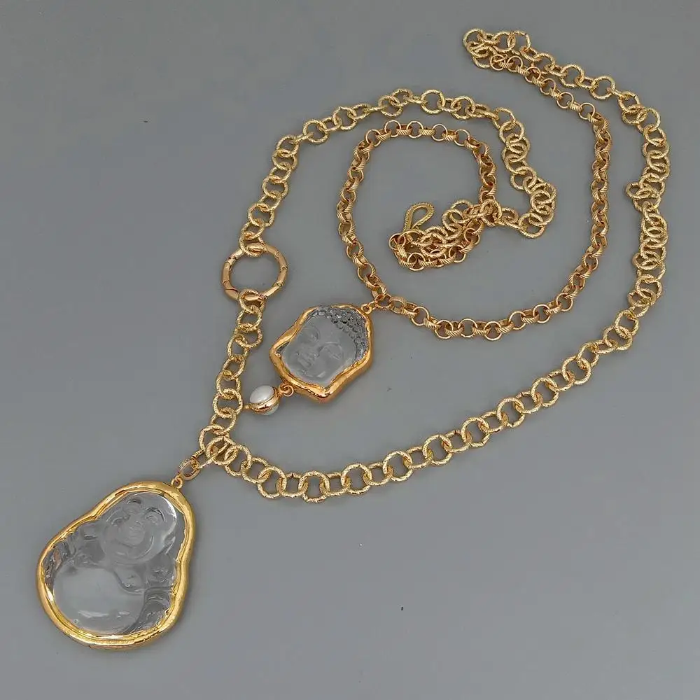 Y·YING 2 Hebras de Oro Galvanizado Collar de Cadena Claro Quartzs Buda Tallada Colgante de 19