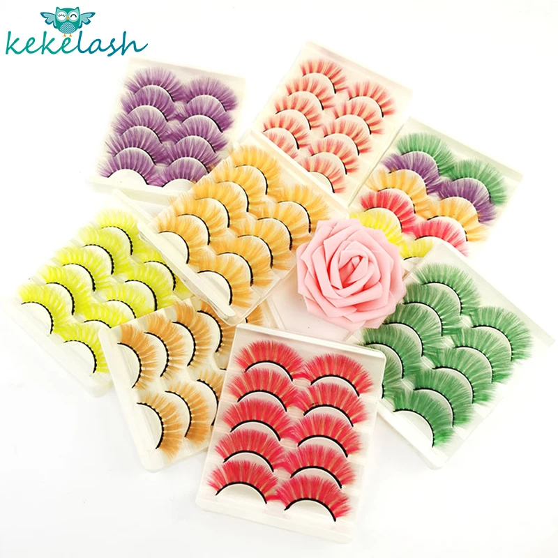 Kekelash 5 Pares de Rojo, Verde, Amarillo, Rosa Color de las Pestañas al por mayor Colorido 3D de Imitación de Pestañas a Granel 4