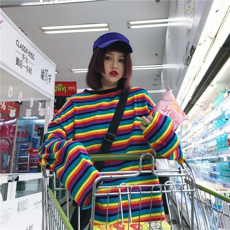 NiceMix de la Moda de Ropa de Mujer de Corea del Dulce arco iris de Rayas Tops sueltos ulzzang harajuku Tees Otoño Nuevo O-cuello de manga larga T-Sh 4
