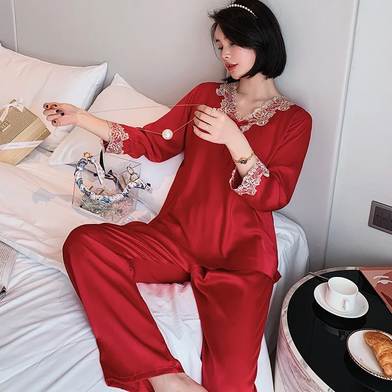 2PCS ropa de dormir de Lencería Íntima de las Mujeres del Satén de los Pijamas Traje de Verano Nuevos Pijamas Casual Albornoz de Seda Encaje Camisa y Pantalones Conjunto 4
