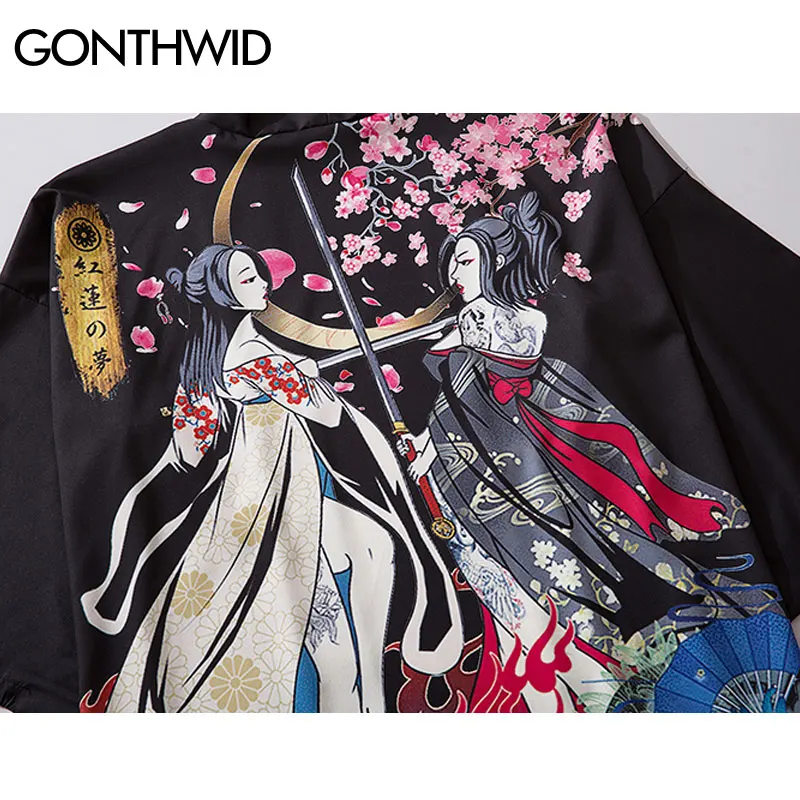 GONTHWID Chicas Japonesas Flores de Cerezo de Impresión Kimono Chaqueta Chaquetas de Ropa de Hip Hop Casual Frente Abierto Abrigos Camisas Tops Hombres 4