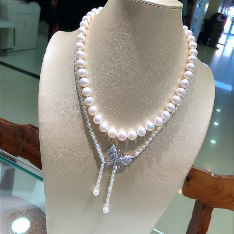 Anudado a mano natural 2rows blanco de agua dulce de la perla de la mariposa de los accesorios del collar de la joyería de la moda 4
