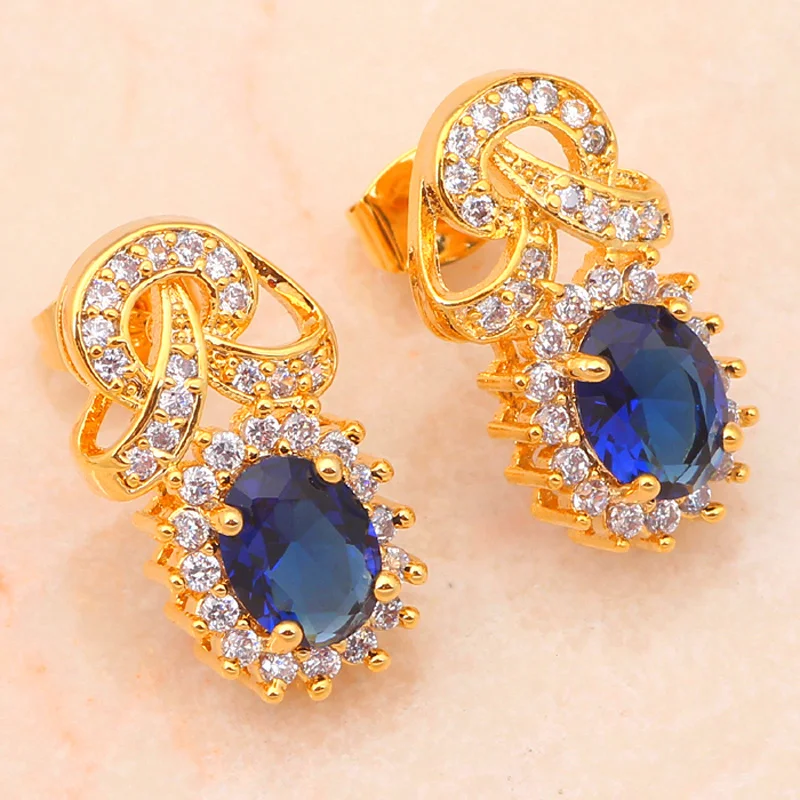 Delicado Tono Oro Pendiente del Collar de la Joyería Anillo de Establecer Zircon Austriaco de Cristal Azul Anillo Sz #8 #7 #9 JS431 4