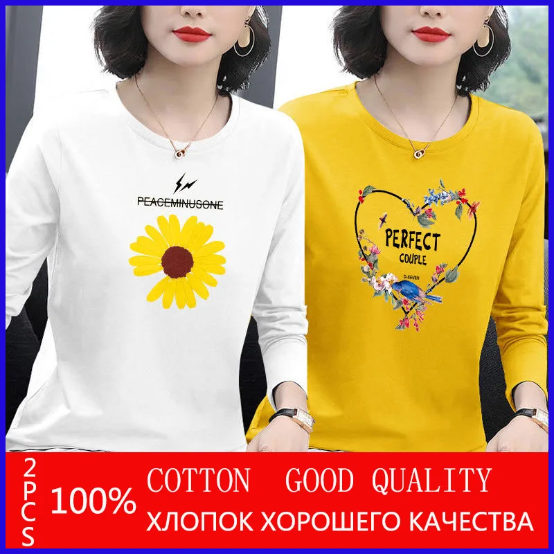 2020 Nuevo Algodón Camiseta de Mujer de la Moda de Primavera O de Cuello de Manga Larga T-shirt de Mujer Estilo coreano Más el Tamaño de la Camisa de la Mujer Camisetas 4