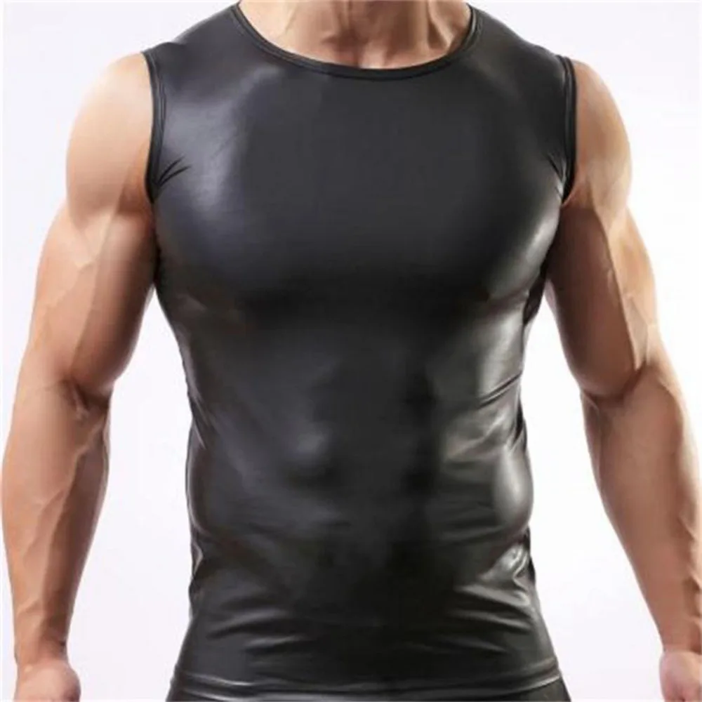 Color negro de los Hombres Sexy Chaleco de Imitación de Cuero Sólido Macho camisetas, Ropa interior Slim usa el Tamaño M L XL Mayorista 4