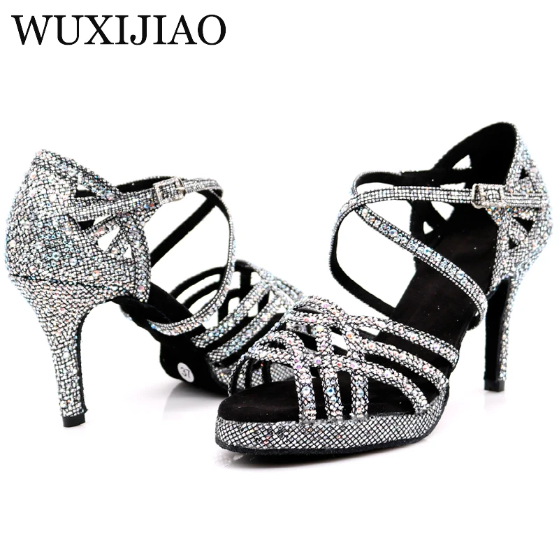 WUXIJIAO Nueva medalla de Plata negro de baile latino zapatos de las señoras de la salsa de diamante de imitación zapatos de baile de damas de baile de salón zapatos de tacón de 5 cm-10 cm 4