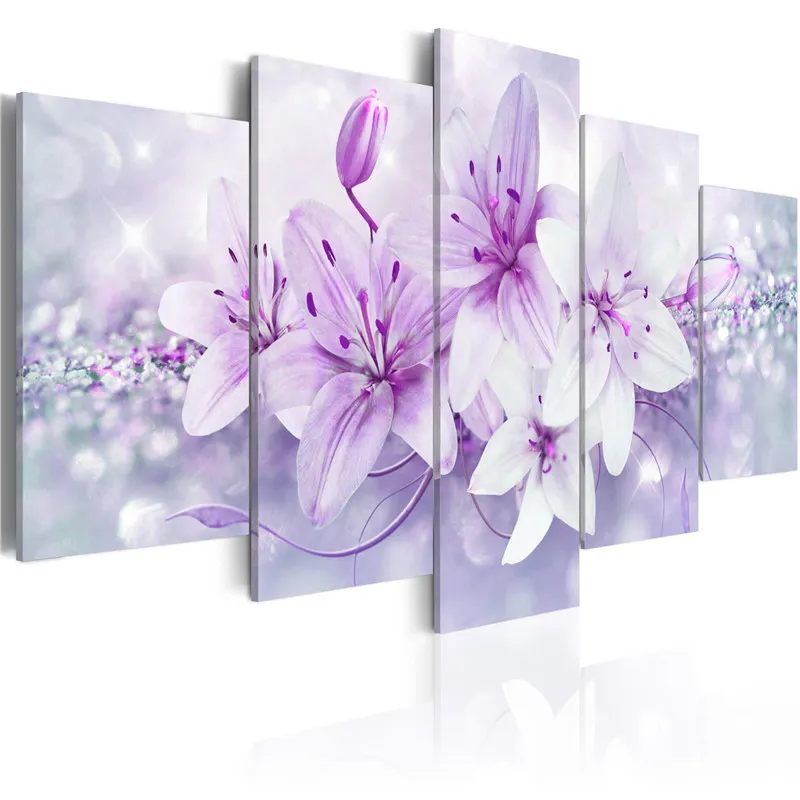 5 Piezas Colorido Floral Arte de Pared Simple Lirios, Flores Cartel Elegante Pintura en tela, Impresión en colores Pastel para las Niñas de la Sala de Decoración para el Hogar 4