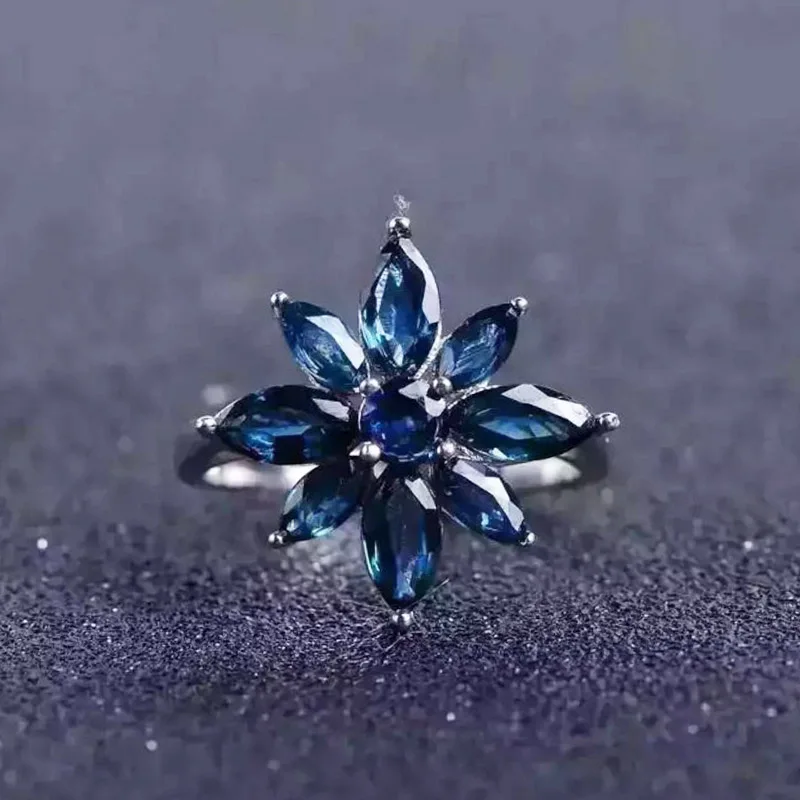 Romántico zafiro anillo flor natural oscuro, azul zafiro anillo de plata maciza de 925 de la plata esterlina anillo de zafiro de fiesta de noche 4