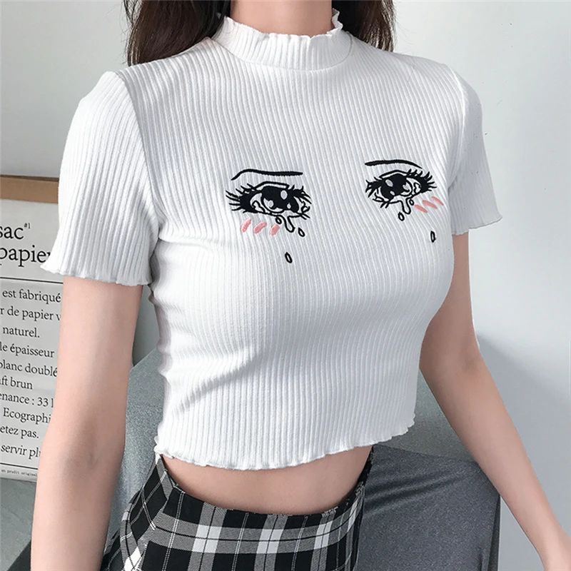 Hirigin de las Nuevas Mujeres de Camisetas Blancas de Verano Slim Acanalado 'Crop Tops' las Lágrimas del Ojo de Impresión de Camisetas Casual de Manga Corta O-Cuello de camisetas para las Mujeres 4