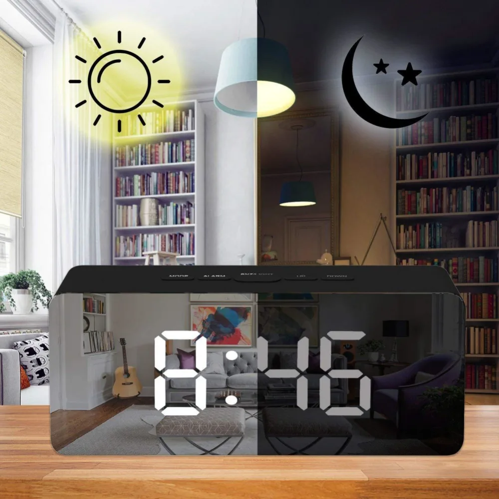 USB LED Digital Reloj de Alarma 12H 24H, Alarma y Función de Repetición de alarma Espejo Reloj Interior Termómetro Electrónico de Escritorio Relojes de Mesa 4