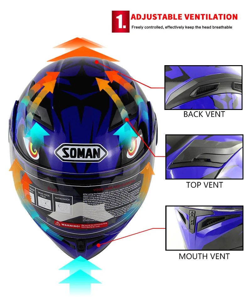 Soman SM955 Dot aprobado Ventilar Motocicleta plegable Doble Visera de Casco de cara Completa Skyeye diseño con M1 Auricular Bluetooth 4