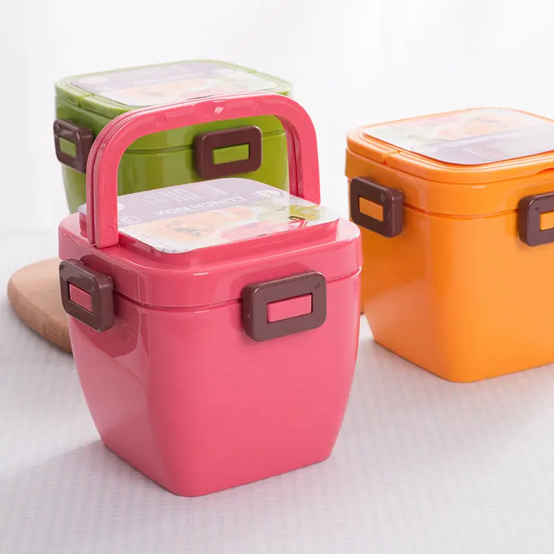 Portable 2 Layer Caja de Almuerzo de Comida Recipiente de Horno de Microondas Almuerzo Bento Boxes con la Manija de la Lonchera de los Niños Estudiantes 4