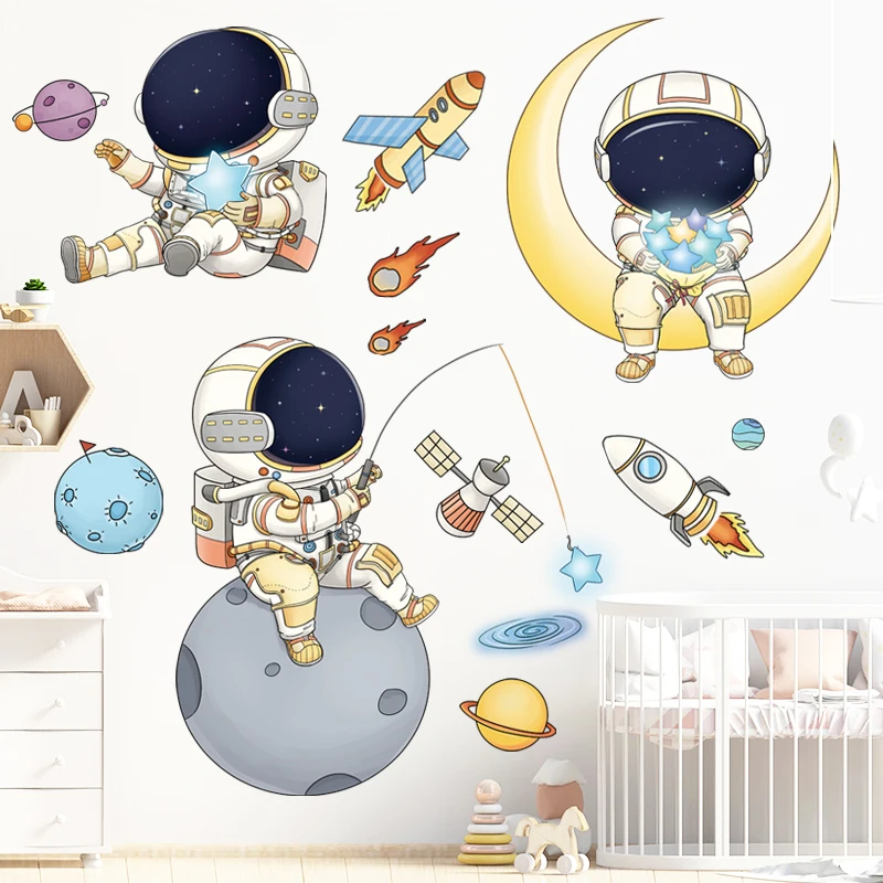 Dibujos animados Animlas Astronauta Pegatinas de Pared para habitaciones de los Niños de Kindergarten de la Decoración de la Pared del Espacio de Sueño de Vinilo vinilos Murales de Decoración para el Hogar 4