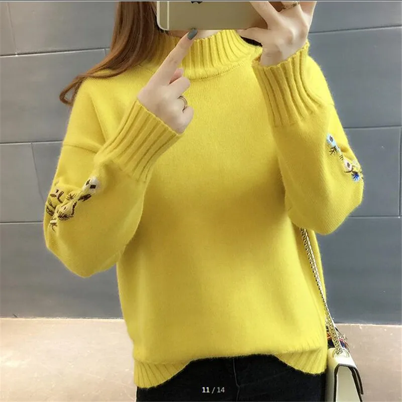 De alta calidad de las mujeres de la moda de 2018 Cuello alto suéter de las mujeres top de mujer de manga larga caliente suéteres Bordados de Punto de jersey B3965 4