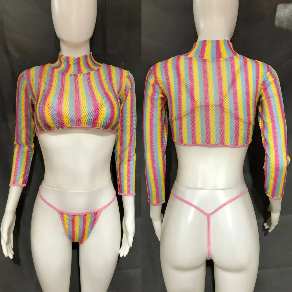 2019 Mujeres Sexy 3PCS Bikini trajes de baño de Playa de Malla de Rejilla de la Cubierta Hasta la parte Superior del Cultivo de Manga Larga Hueco de Cuello Alto de Trajes de Baño 4