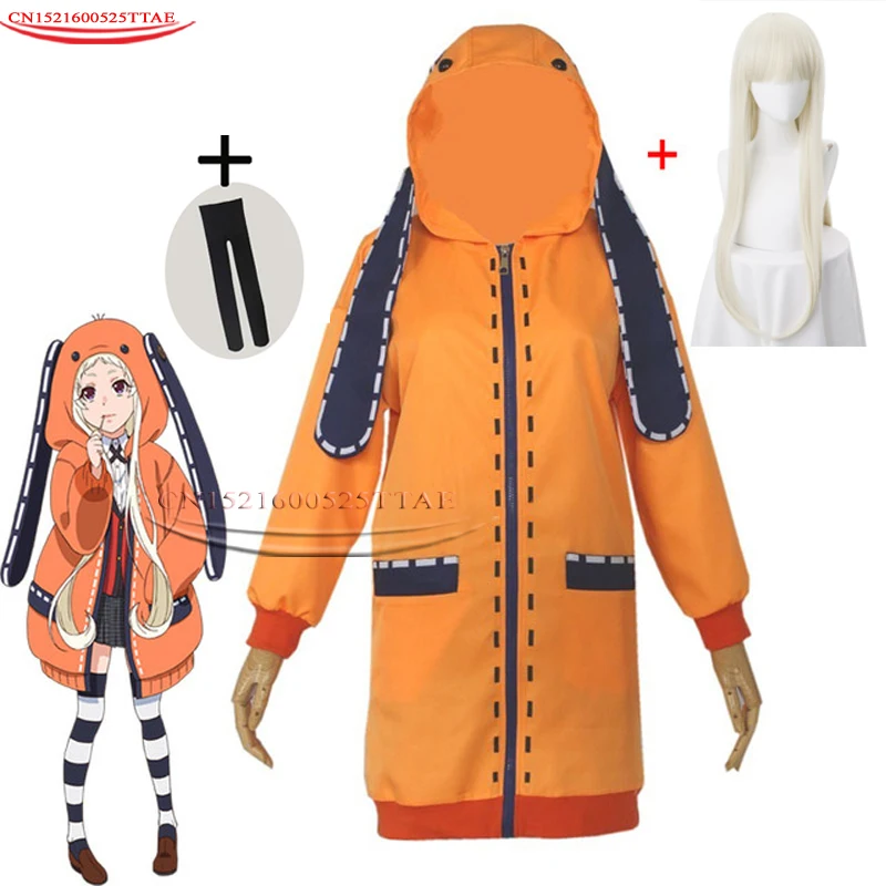 Anime Kakegurui Traje de Cosplay Jugador Compulsivo Runa Yomotsuki Sudadera con capucha de las Mujeres de las Niñas Abrigo Chaqueta Naranja con Calcetines cosplay Pelucas 4