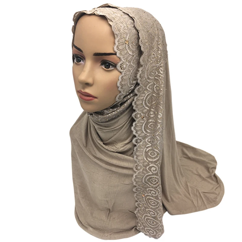 Algodón Musulmana Con Hiyab Bufanda De Las Mujeres Chal Islámica Turbante De Las Mujeres De Encaje Velo Musulmán Bufanda Chal De 10 Colores 4