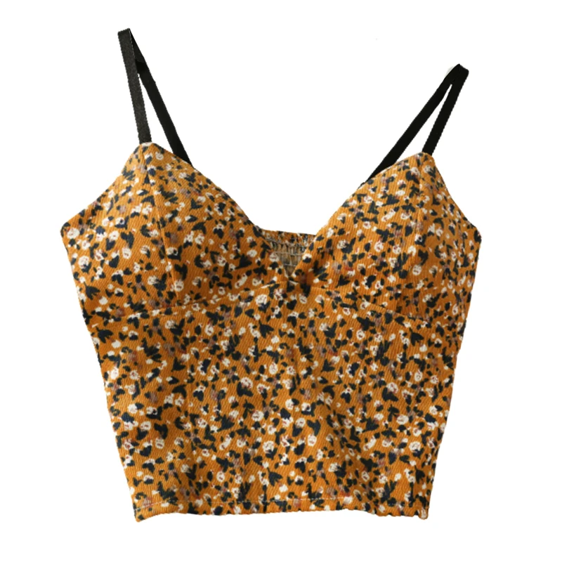 Floral corto de pana de la cintura que adelgaza la camisola de las mujeres Tops 2020 otoño delgado plisado de impresión camisola Vintage Camis tops para las mujeres 4