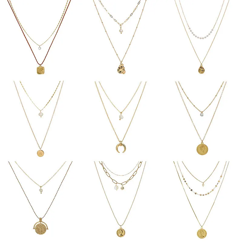 Señoras Vintage Boho Oro de múltiples capas Collar en Forma de Gota de Agua Moneda Romana Elizabeth de la Perla para las Mujeres Colgante de Collar de la Joyería 4