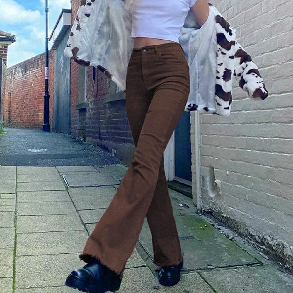 Las Mujeres Flare Jeans Pantalones Vintage Marrón Básico De Mezclilla De La Calle Harajuku Tramo De Corredores De Pantalones De Algodón De La Moda De Cintura Alta 4