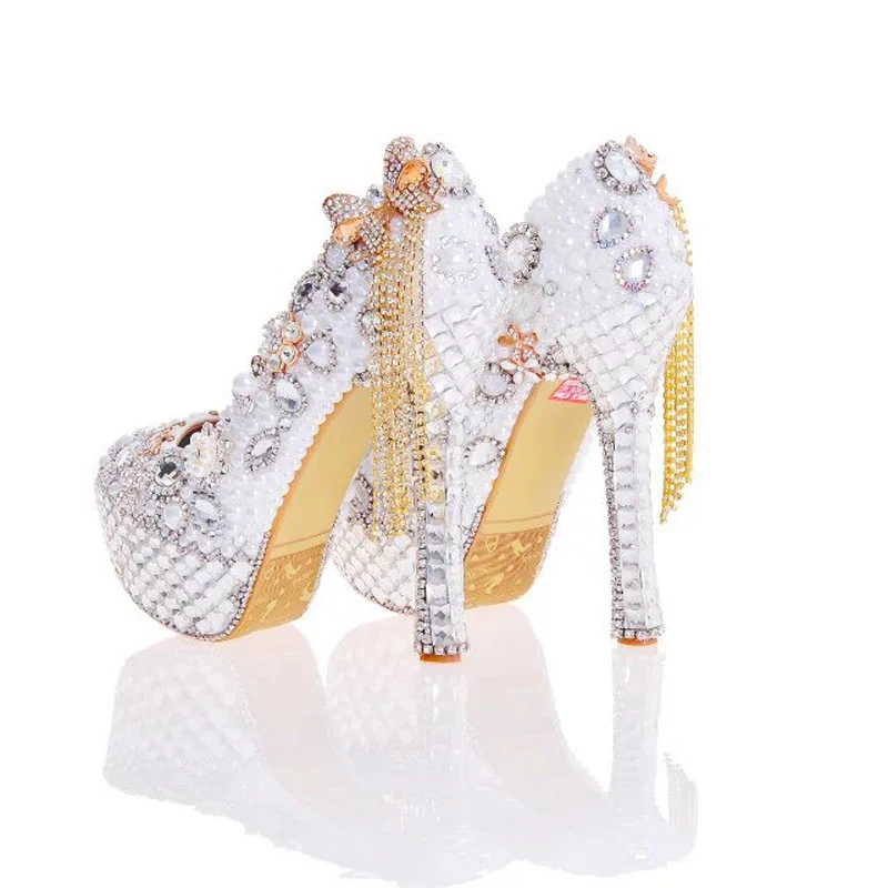 2018 de la Nueva Llegada de las Mujeres Zapatos de Tacón de color Blanco Perla y Cristal de la Boda Zapatos de Vestir con Arco de la Borla de diamante de imitación de Fiesta de Graduación Bombas 4
