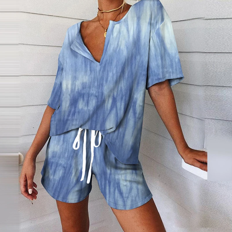 Las mujeres de Impresión de Conjunto de Pijama de Verano Tie-Dye 2 piezas del Conjunto de las Mujeres Chándal, Camiseta de Trajes de Mujer Casual Trajes de 2020 V-la parte Superior del cuello 4
