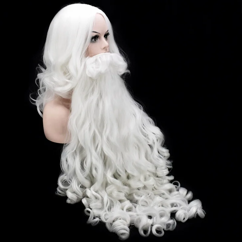 80 cm de Largo Navidad Disfraces Pelucas de Santa Claus Peluca y la Barba de 60cm de Pelo Sintético SantaClaus Cosplay Pelucas + Casquillo de la Peluca 4