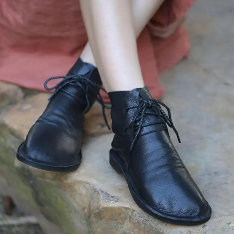 Johnature Botas de Invierno de las Mujeres Zapatos de Cuero Genuino de 2020 Nuevos cordones Planos Con el Dedo del pie Redondo hecho a Mano Concisa Plataforma de Botas de Tobillo 4